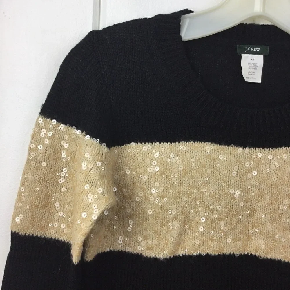 J. Crew Sequin Sweater, Black Gold Stripe Sequin Crew Sweater XS‎